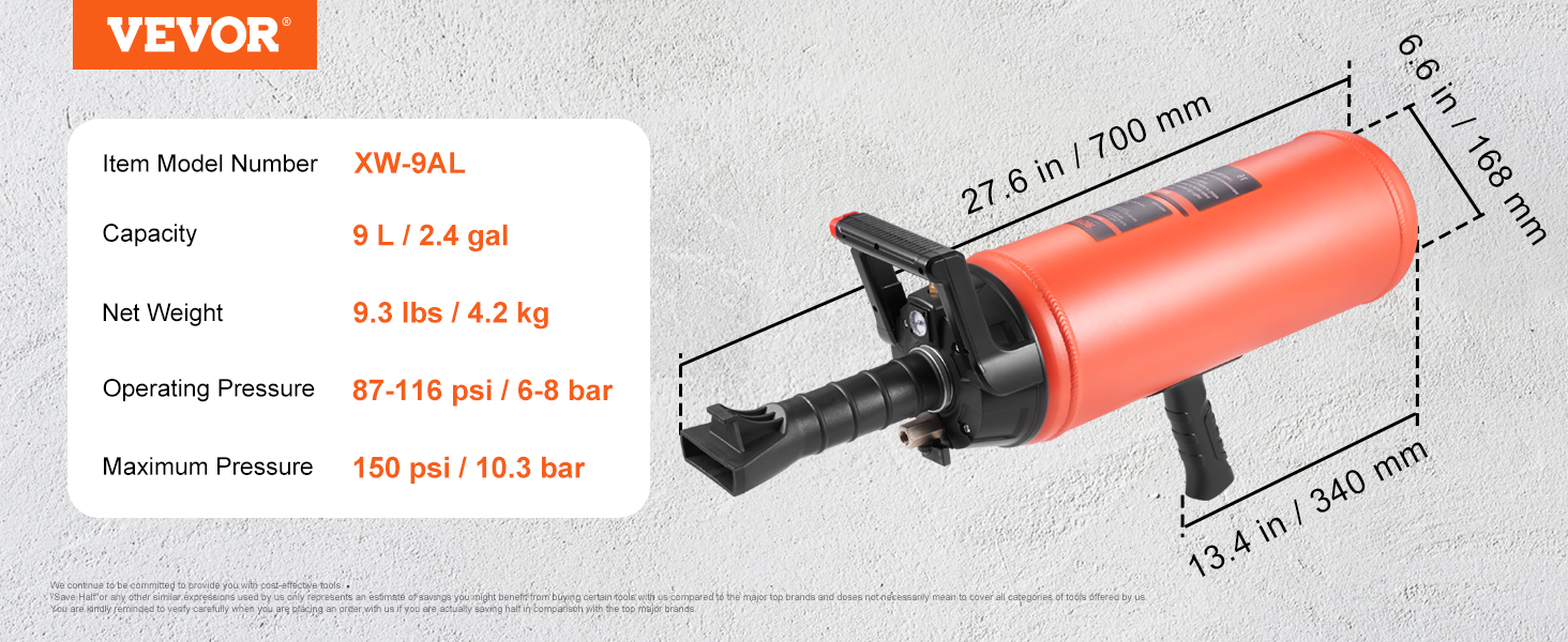 VEVOR tire bead seater xw-9al, 9l capacity, 9.3 lbs, operating pressure 87-116 psi, max 150 psi.
