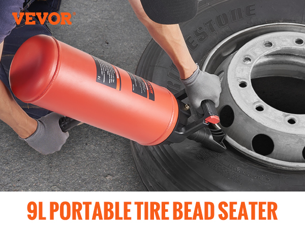 VEVOR 9l portable tire bead seater in use, highlighting strong air-tightness and ergonomic design benefits.
