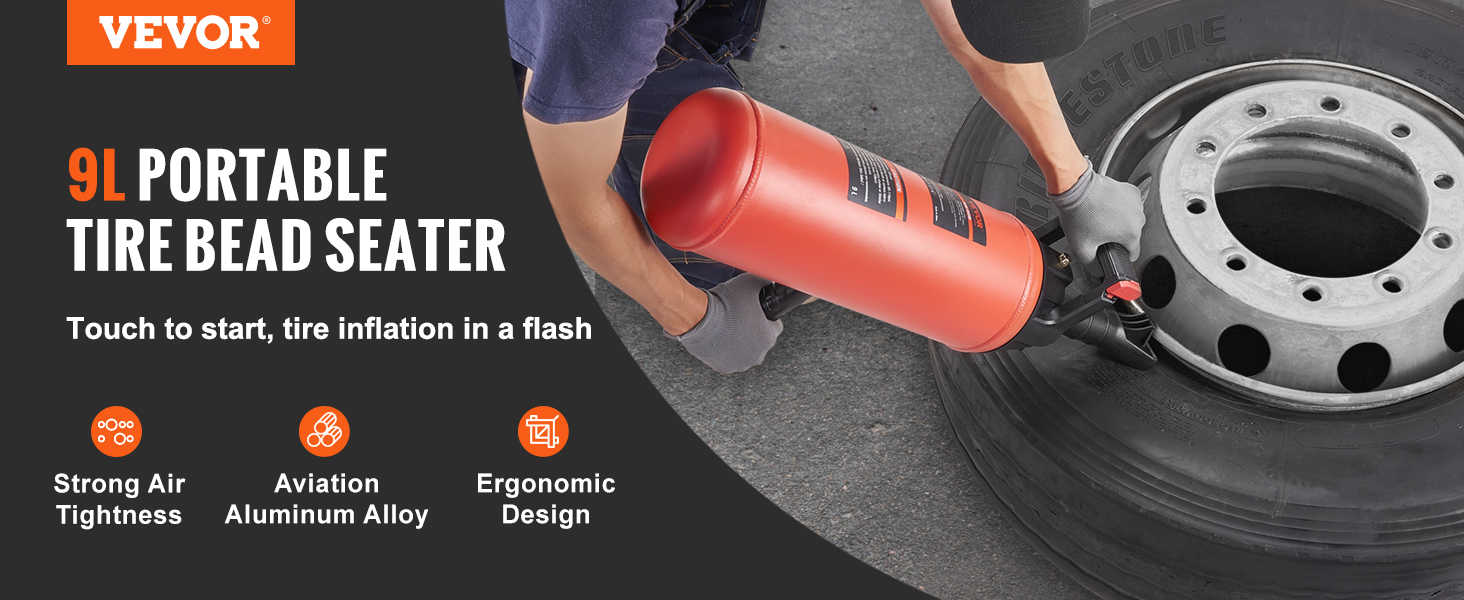 VEVOR 9l portable tire bead seater in use, highlighting strong air-tightness and ergonomic design benefits.