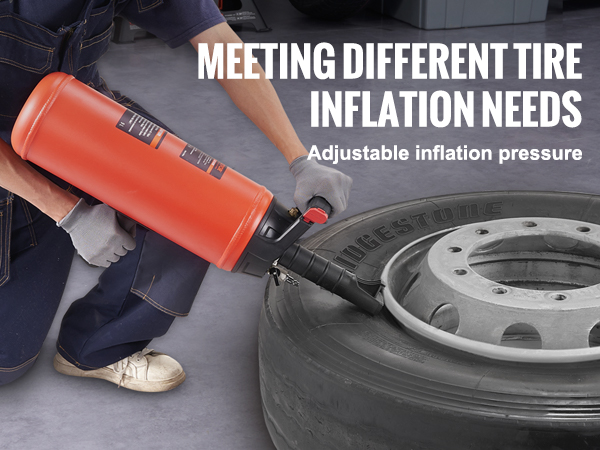 mechanic using VEVOR tire bead seater for tire inflation, suitable for trucks, cars, and motorcycles.