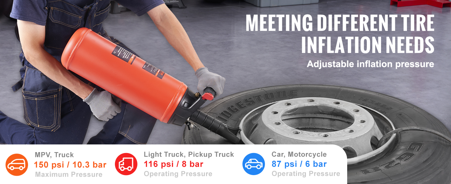 mechanic using VEVOR tire bead seater for tire inflation, suitable for trucks, cars, and motorcycles.