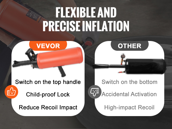 VEVOR tire bead seater with top handle switch, child-proof lock, and reduced recoil impact.