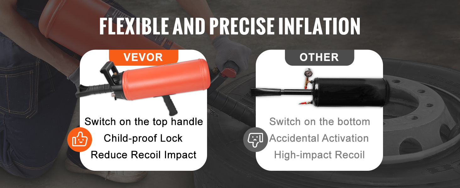 VEVOR tire bead seater with top handle switch, child-proof lock, and reduced recoil impact.
