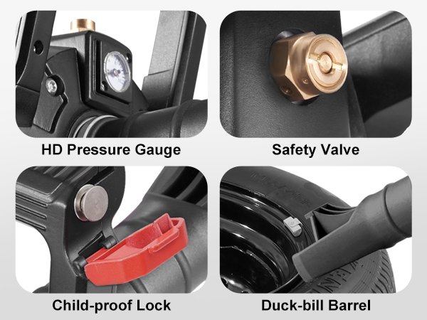VEVOR tire bead seater with hd pressure gauge, safety valve, child-proof lock, and duck-bill barrel.