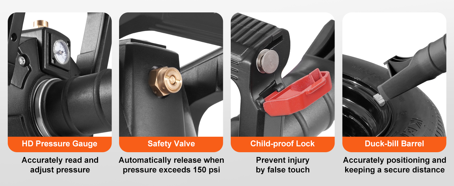 VEVOR tire bead seater with hd pressure gauge, safety valve, child-proof lock, and duck-bill barrel.