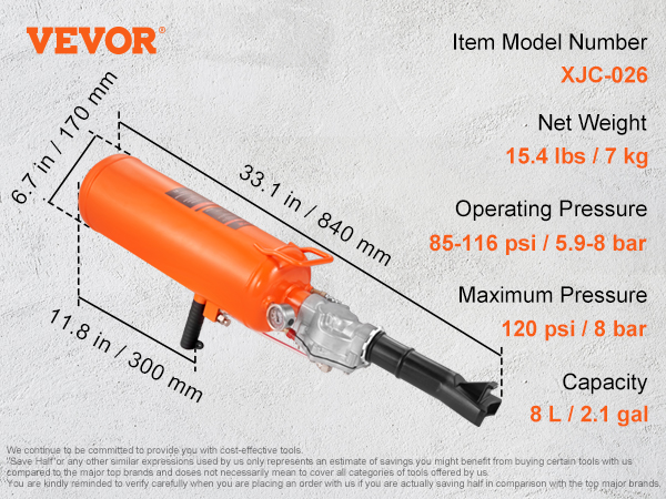 VEVOR tire bead seater dimensions: 33.1"x11.8"x6.7", 8l capacity, 15.4 lbs, 85-116 psi operating pressure.