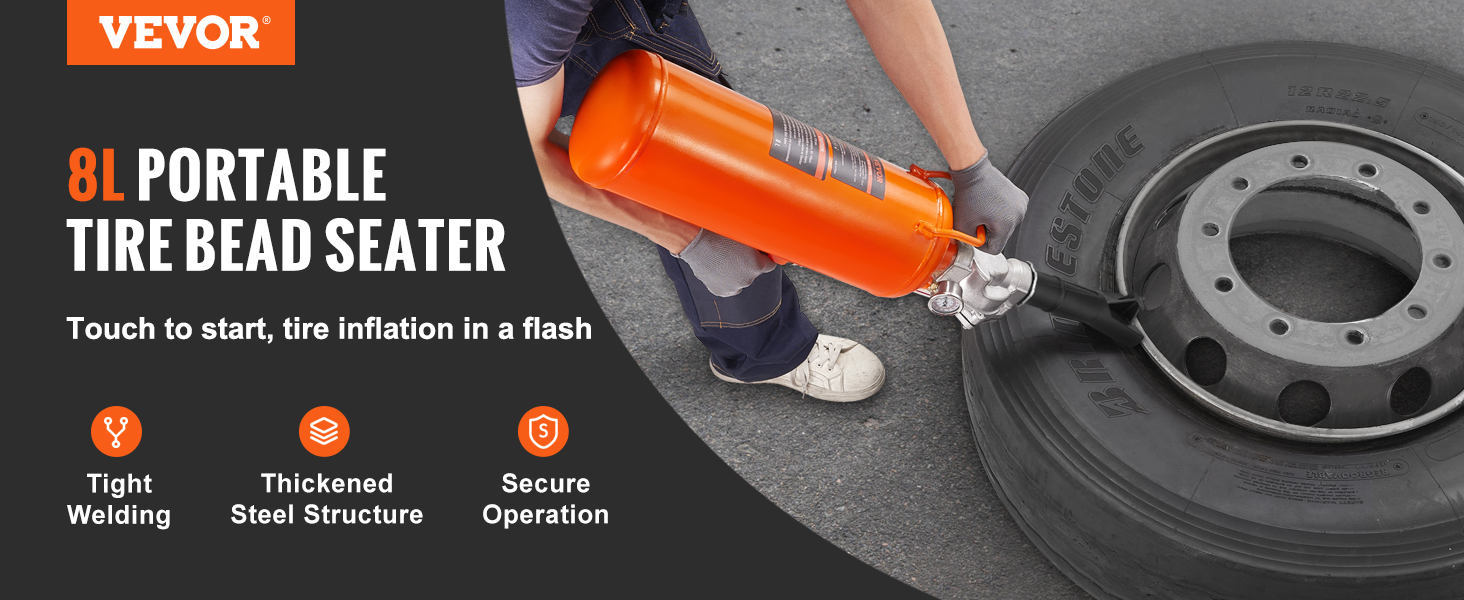 VEVOR tire bead seater inflating a large tire with 8l portable tank, emphasizing tight welding and secure operation.