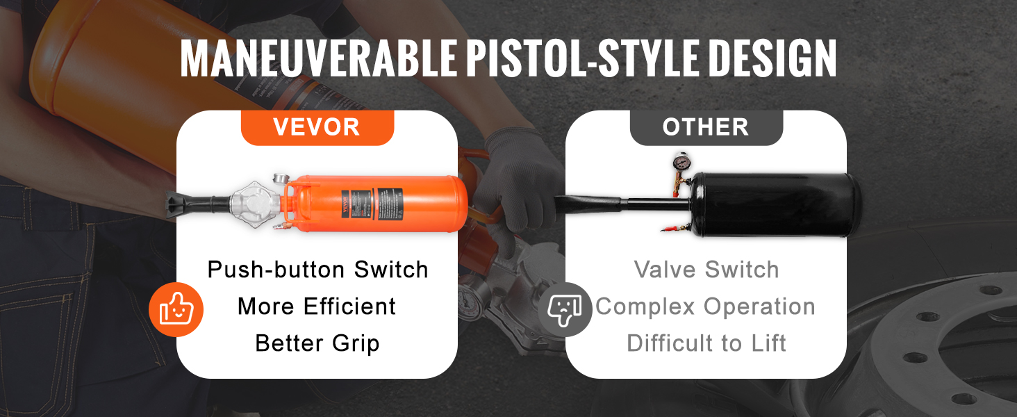 VEVOR tire bead seater with push-button switch and efficient grip vs. other complex valve switch.