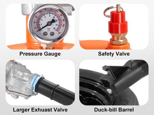 VEVOR tire bead seater with pressure gauge, safety valve, larger exhaust valve, and duck-bill barrel.