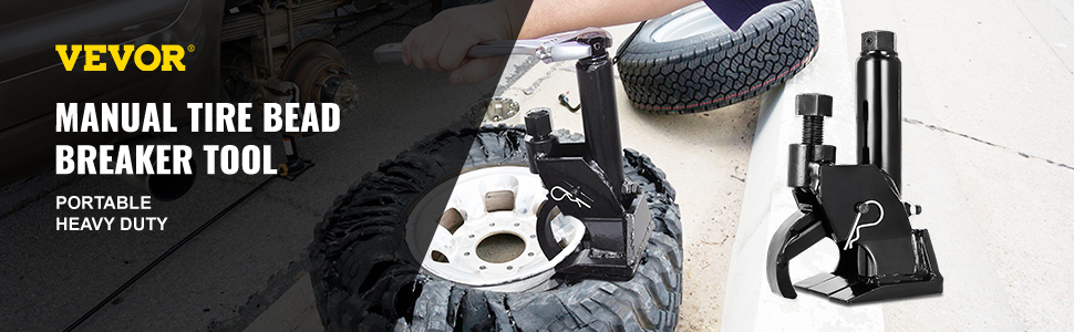 VEVOR manual tire bead breaker tool in use on a heavy-duty tire.