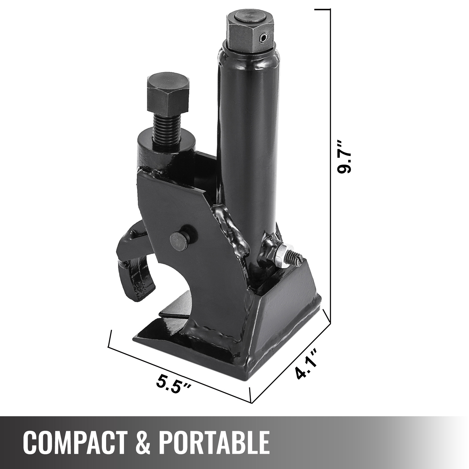 VEVOR manual tire bead breaker, black tool with dimensions and compact & portable label.