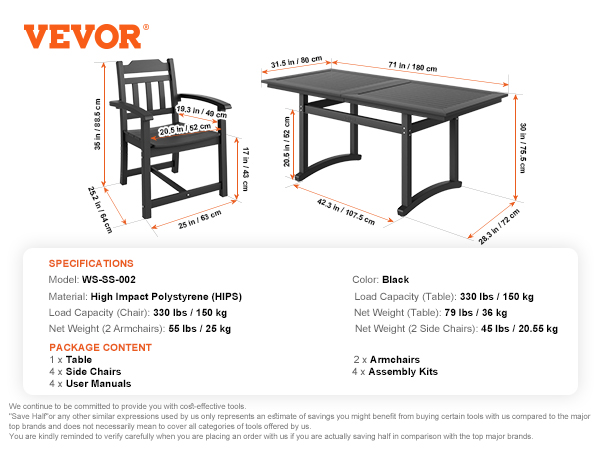 VEVOR patio dining set specifications showing dimensions, materials, and package content details.