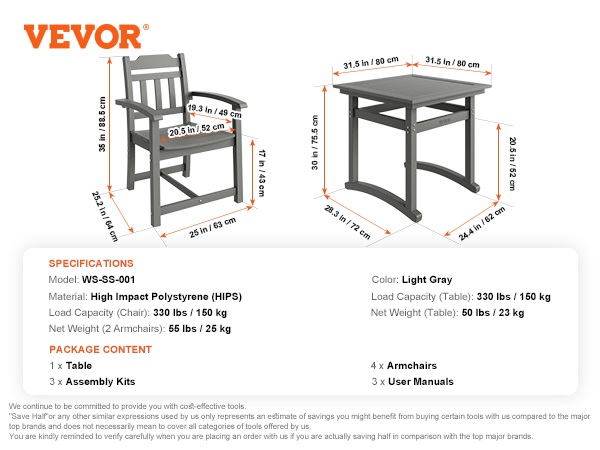VEVOR patio dining set in light gray, includes 1 table and 4 armchairs with detailed dimensions.