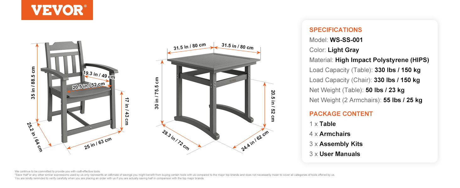 VEVOR patio dining set in light gray, includes 1 table and 4 armchairs with detailed dimensions.