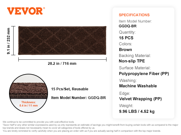 VEVOR stair treads brown non-slip set of 15, 28.2 in x 9.1 in, reusable, machine washable.