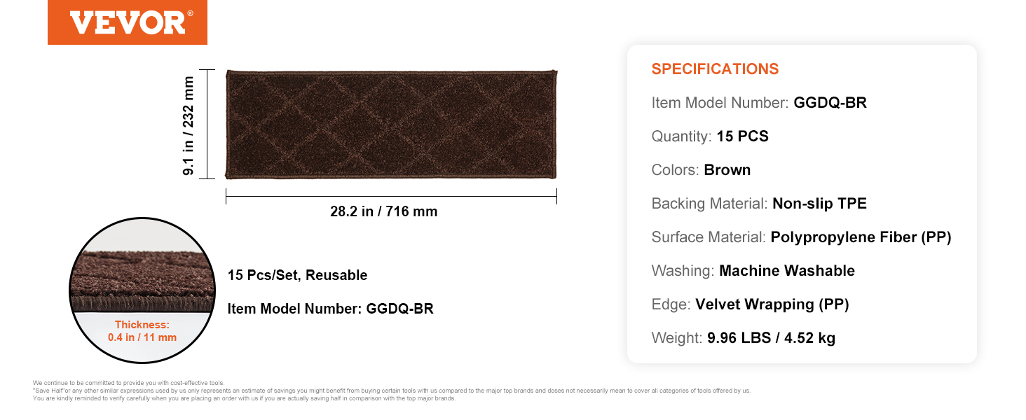 VEVOR stair treads brown non-slip set of 15, 28.2 in x 9.1 in, reusable, machine washable.