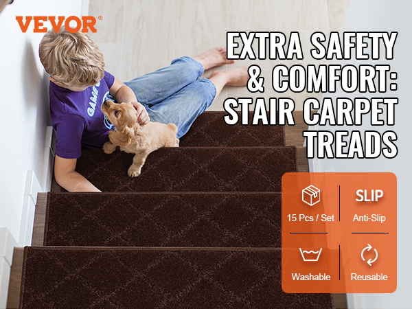 child petting a dog on stairs with brown VEVOR stair treads for extra safety and comfort.