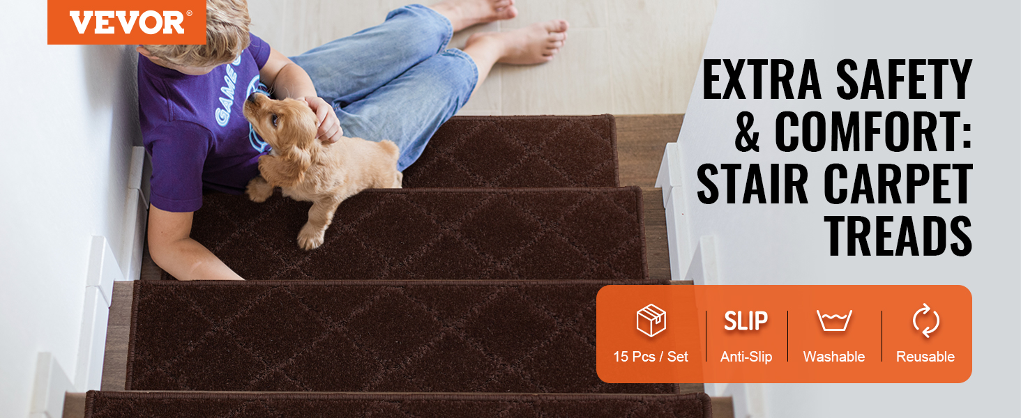 child petting a dog on stairs with brown VEVOR stair treads for extra safety and comfort.