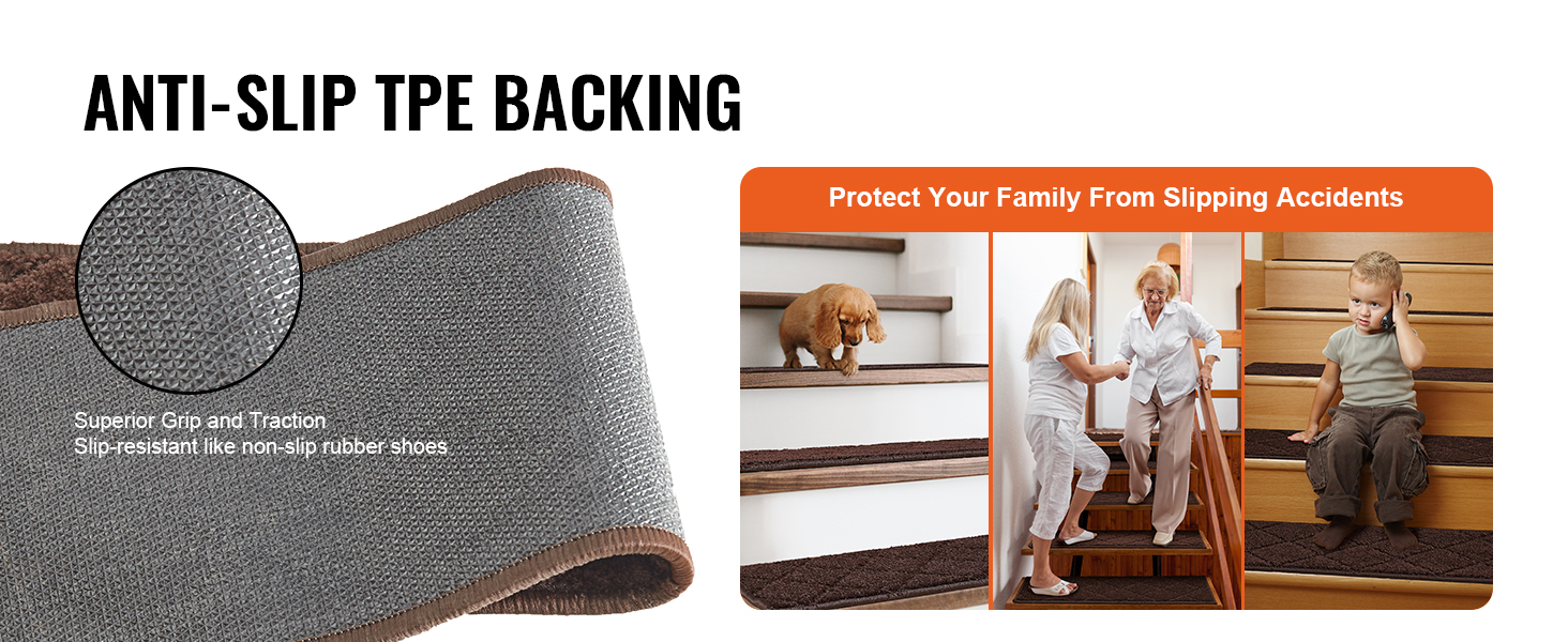 anti-slip tpe backing VEVOR stair treads with superior grip, preventing slipping accidents for family.