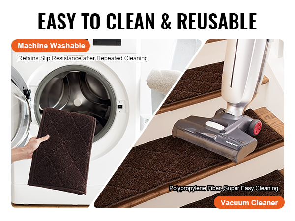 machine washable and vacuum cleaner-friendly VEVOR stair treads, easy to clean and reusable.