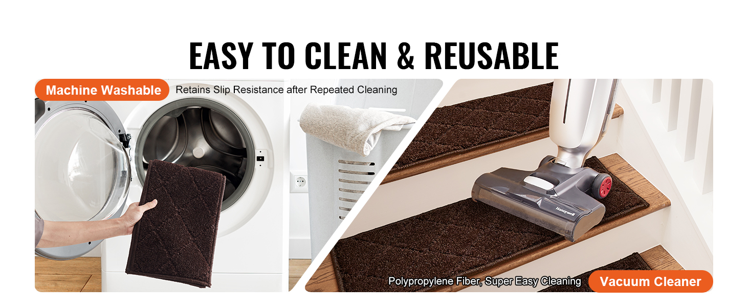 machine washable and vacuum cleaner-friendly VEVOR stair treads, easy to clean and reusable.