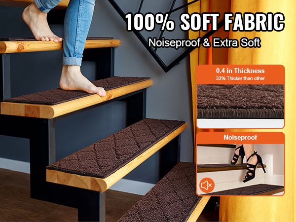 barefoot on VEVOR stair treads, soft and noiseproof, on wood stairs with 0.4-inch thick brown fabric.