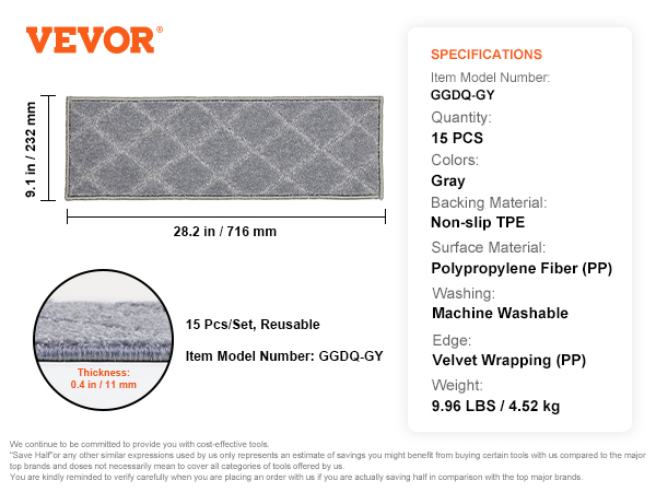 VEVOR stair treads, gray, 15-piece set, non-slip tpe backing, machine washable, thickness: 0.4 in.