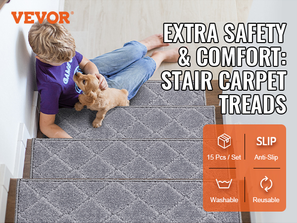 VEVOR stair treads: anti-slip grey carpet, 15-piece set, promoting safety and comfort with a child and pet.