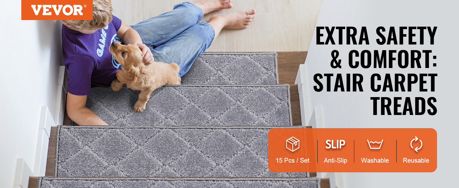 VEVOR stair treads: anti-slip grey carpet, 15-piece set, promoting safety and comfort with a child and pet.