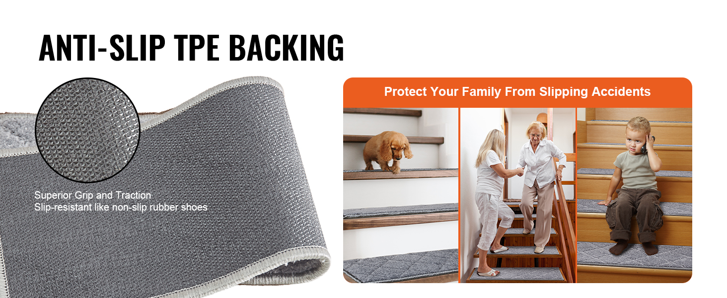 anti-slip tpe backing on VEVOR stair treads with superior grip and traction for family safety.