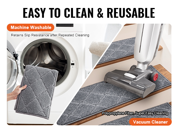 machine washable VEVOR stair treads being vacuumed and ready for cleaning.