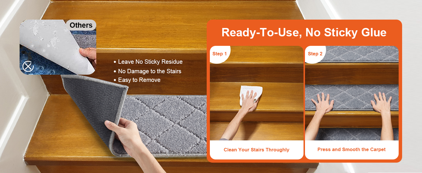 VEVOR stair treads installation guide demonstrating easy application and residue-free removal.