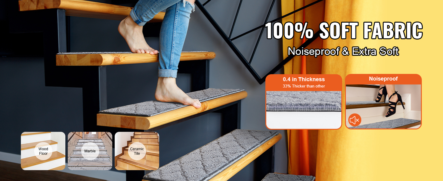 VEVOR stair treads with soft fabric, noiseproof, and extra soft, shown on wooden stairs being stepped on.