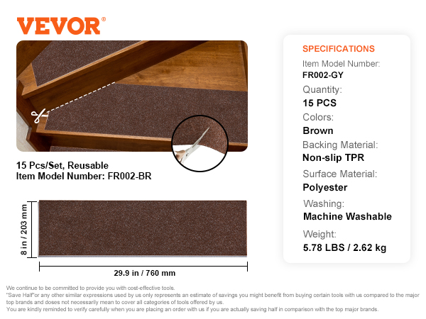 VEVOR stair treads 15-piece set, brown, non-slip, machine washable, 29.9x8 in, model fr002-br.