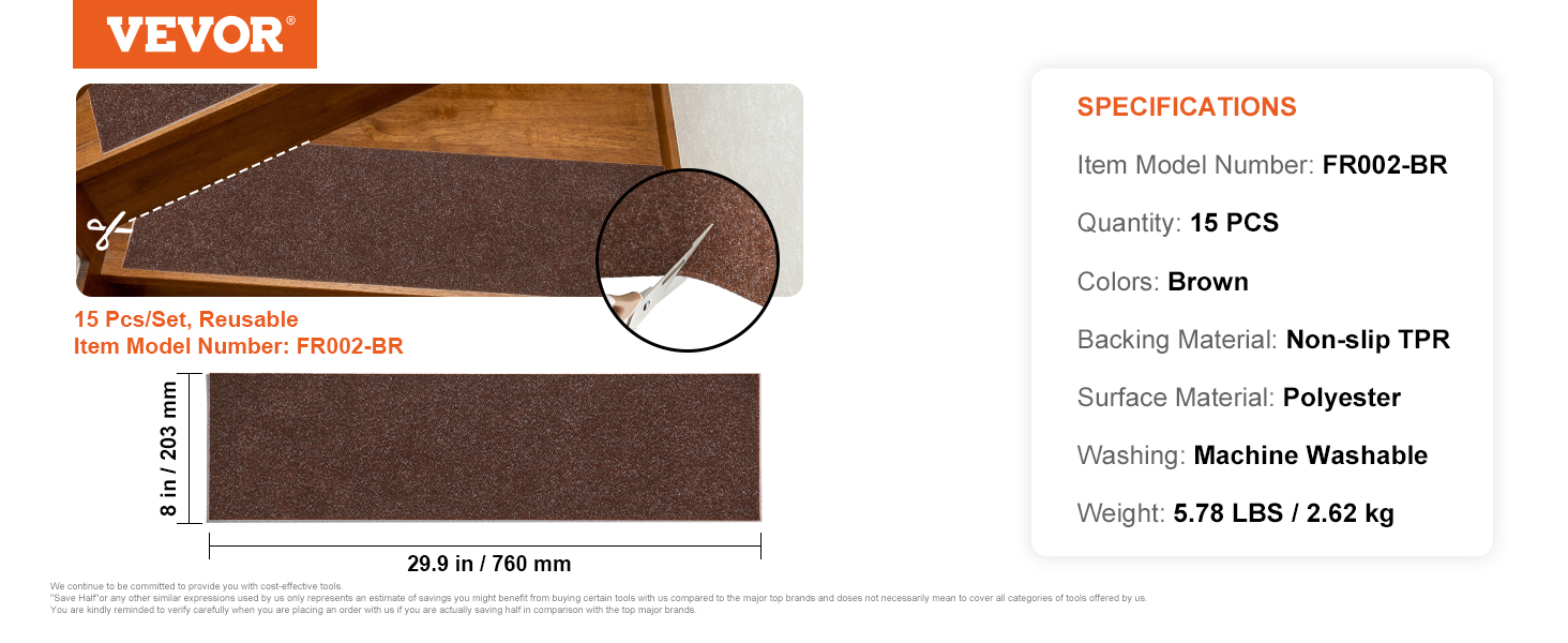 VEVOR stair treads 15-piece set, brown, non-slip, machine washable, 29.9x8 in, model fr002-br.