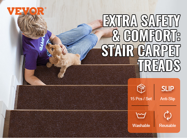 child with dog on stairs with VEVOR stair treads, highlighting safety, anti-slip, washable, reusable features.