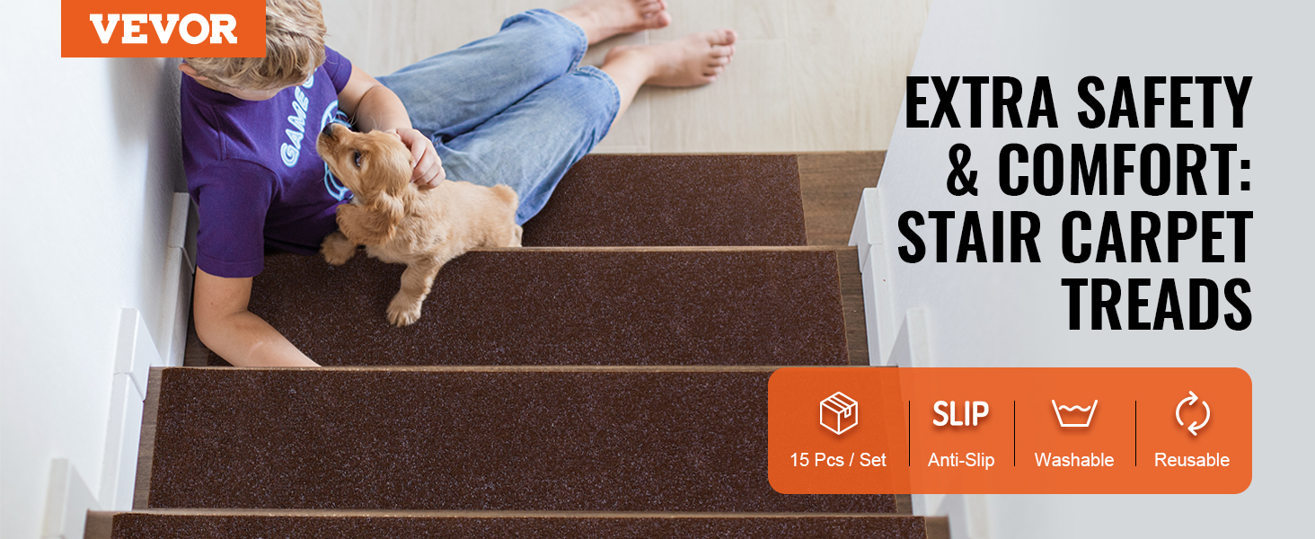 child with dog on stairs with VEVOR stair treads, highlighting safety, anti-slip, washable, reusable features.