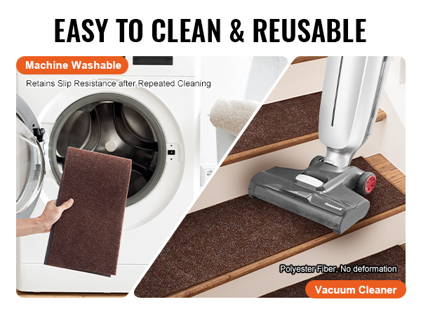 machine washable VEVOR stair treads being cleaned in a washer and vacuum-cleaned on wooden stairs.