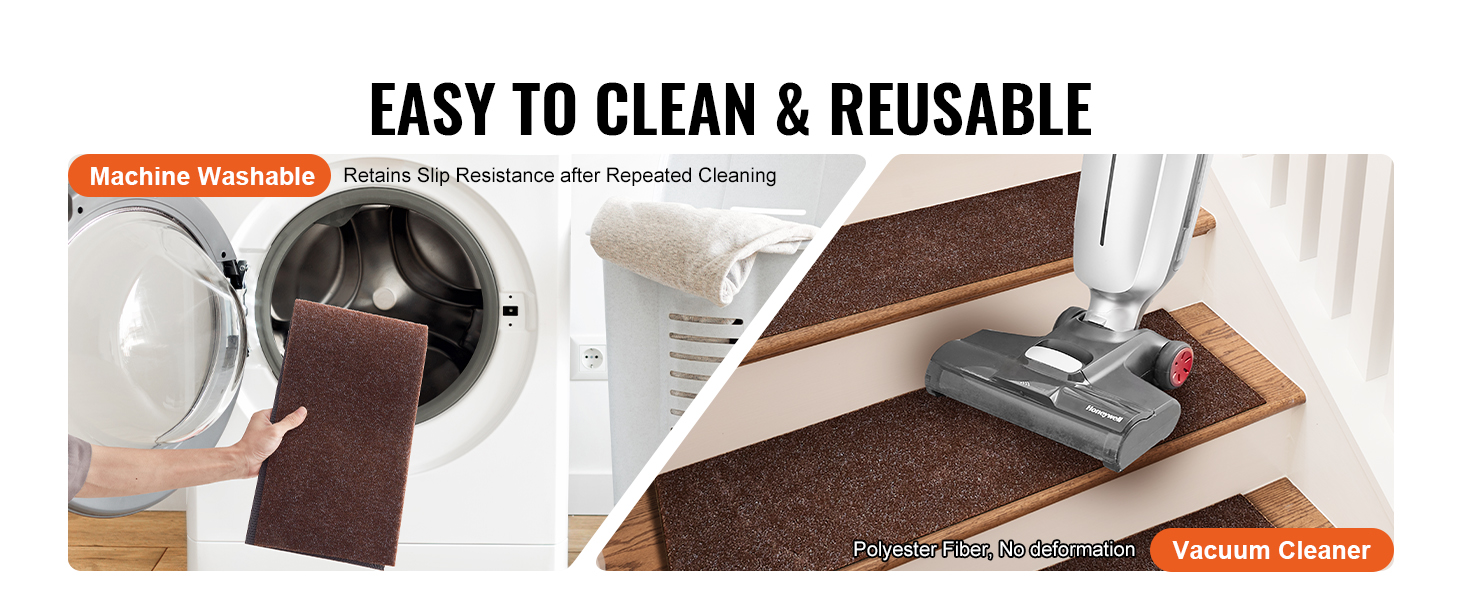 machine washable VEVOR stair treads being cleaned in a washer and vacuum-cleaned on wooden stairs.