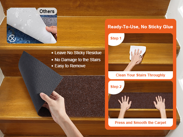 VEVOR stair treads: no sticky residue, no damage, easy removal. ready-to-use in two simple steps.