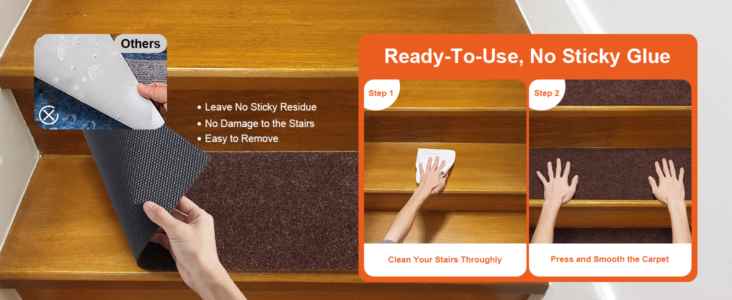 VEVOR stair treads: no sticky residue, no damage, easy removal. ready-to-use in two simple steps.