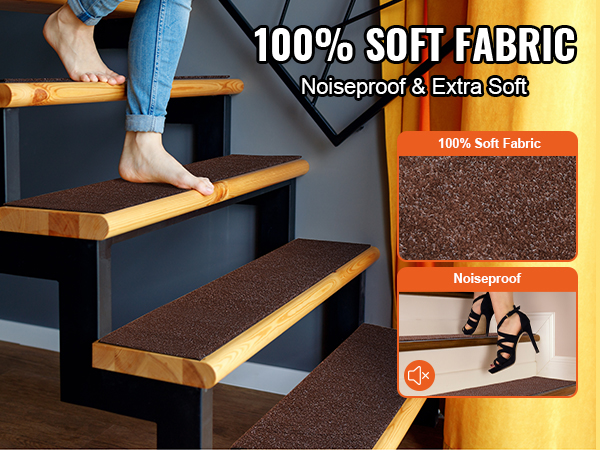 barefoot person on VEVOR stair treads, emphasizing 100% soft fabric and noiseproof features.