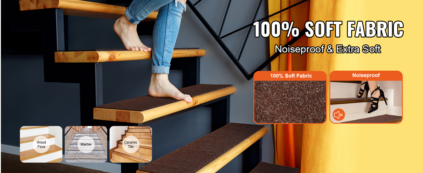 barefoot person on VEVOR stair treads, emphasizing 100% soft fabric and noiseproof features.