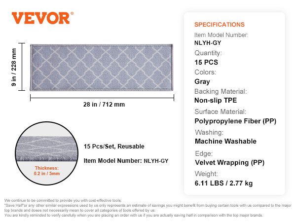 VEVOR stair treads, gray, 15 pcs, non-slip tpe backing, machine washable, 28x9 in, 5 mm thick.