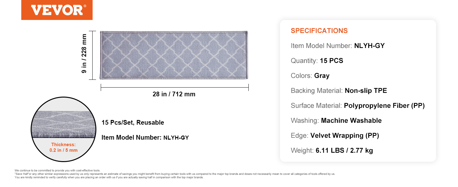 VEVOR stair treads, gray, 15 pcs, non-slip tpe backing, machine washable, 28x9 in, 5 mm thick.