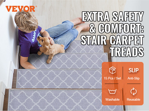 child and dog on VEVOR stair treads, highlighting safety, anti-slip, washable, and reusable features.