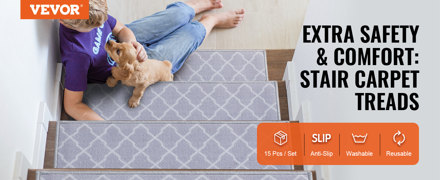 child and dog on VEVOR stair treads, highlighting safety, anti-slip, washable, and reusable features.