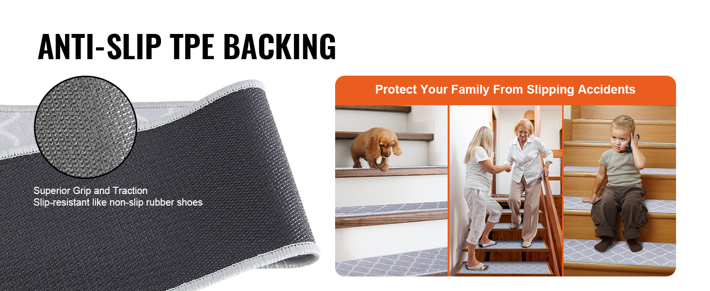 anti-slip tpe backing on VEVOR stair treads ensures superior grip to prevent family slipping accidents.