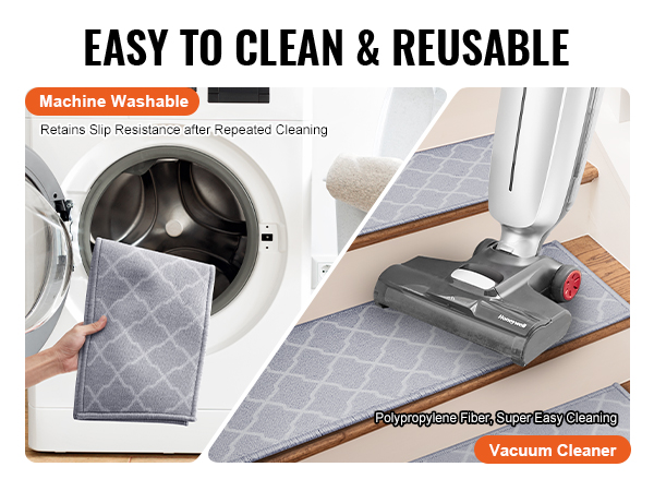 machine washing a gray VEVOR stair tread; vacuum cleaner cleaning the same treads on stairs.