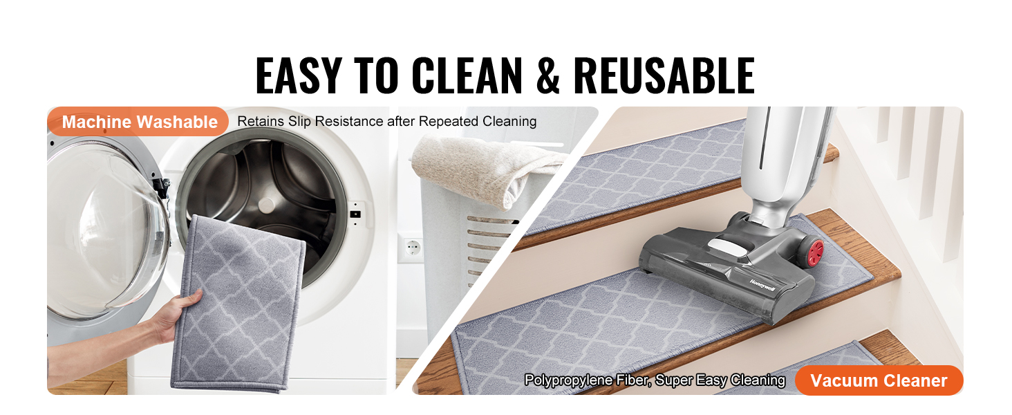 machine washing a gray VEVOR stair tread; vacuum cleaner cleaning the same treads on stairs.